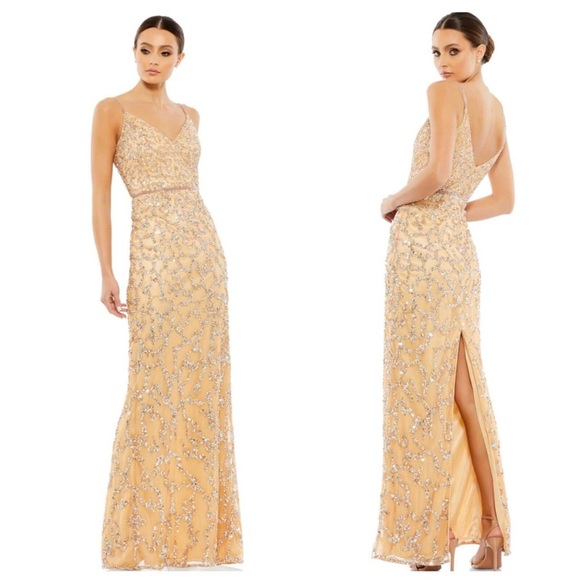 Mac Duggal Dresses & Skirts - Mac Duggal Sleeveless V-Neck Embellished Beaded Gold Nude Column Gown Size 16